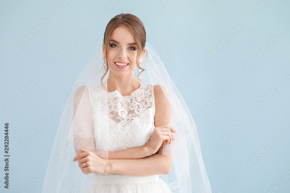 Portrait of beautiful young bride on light background Portrait of beautiful young bride on light background