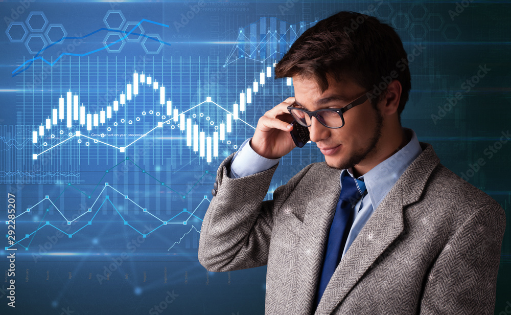 Young person talking on the phone with diagrams on the background Young person talking on the phone with diagrams on the background