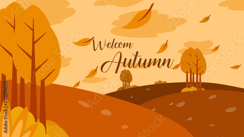 park illustration with falling leafs at autumn season in flat design style