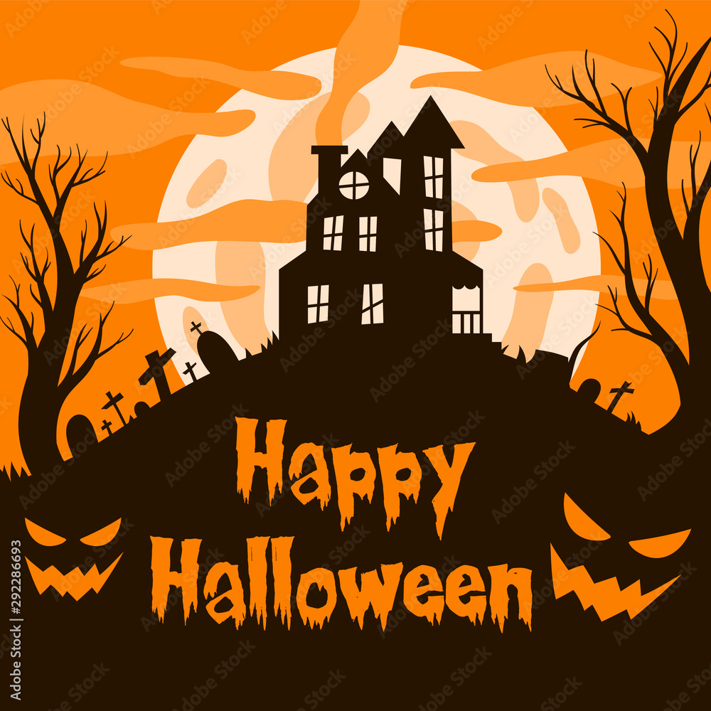 abandon house and grave silhouette vector illustration with moon light for halloween banner also can use for media social feed or story