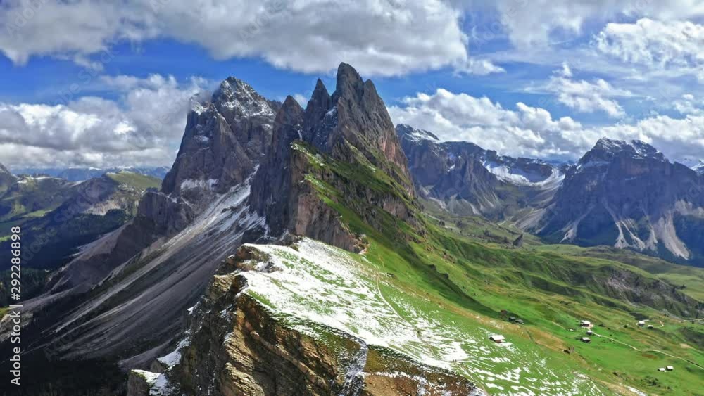 Aerial view of Seceda peak in South Tyrol, Dolomites Aerial view of Seceda peak in South Tyrol, Dolomites