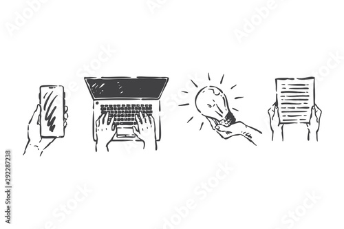 Gadgets in hands, access to information concept sketch. Hand drawn isolated vector