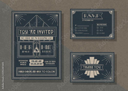 Vintage vector wedding invitation template set .