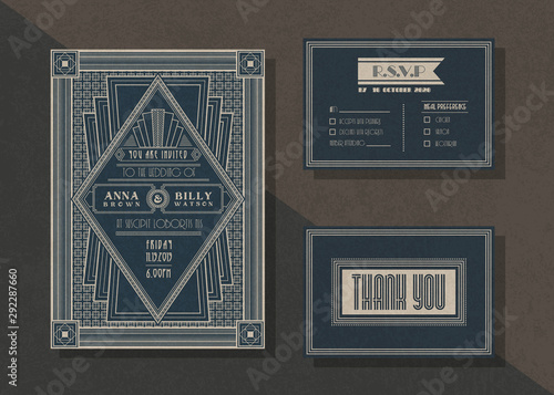 Vintage vector wedding invitation template set .
