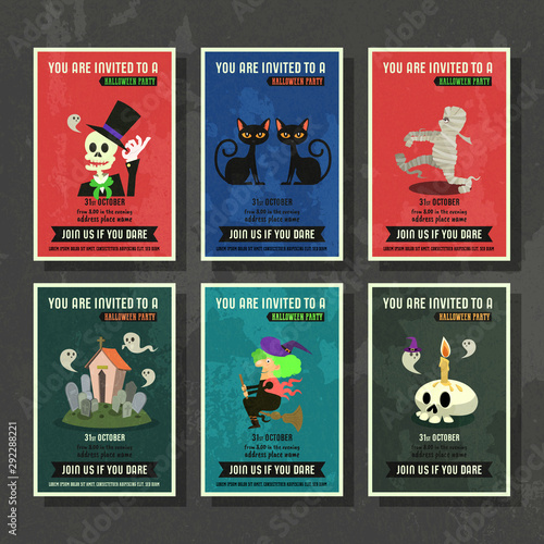 Happy halloween vector greeting card with cartoon character set.