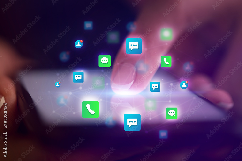 Finger touching phone with friends and contact concept and dark background