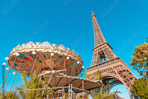 Canvas Print 28 July 2019, Paris, France: Retro romantic carousel on the background of the Ei
