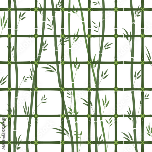 Green bamboo lattice pattern with bamboo stems and leaves. Vector illustration of a closed bamboo forest. Natural background - bamboo lattice window. White backdrop and green cell