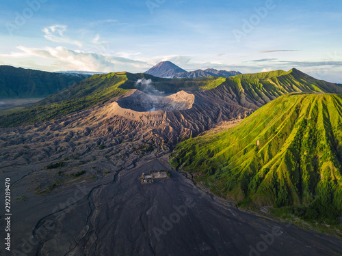 Aerial view of crater Mount Bromo during sunrise scene at Bromo tengger semeru national park, East Java, Indonesia. Panoramic view of active volcano mountain on earth. Aerial photography landscape.