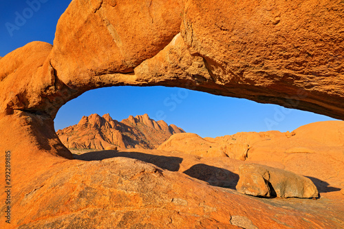 Spitzkoppe, beautiful hill in Namibia. Rock monument in the nature. Landscape in namibia. Stone in the nature, evening light in the rocky desert. Travel in Namibia, Africa. Große Spitzkoppe monument.