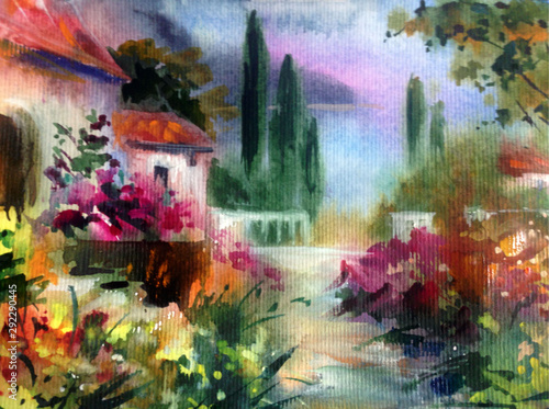 Fototapeta Naklejka Na Ścianę i Meble -  Watercolor colorful bright textured abstract background handmade . Mediterranean landscape . Painting of architecture and vegetation of the sea coast , made in the technique of watercolors from nature