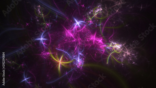 Abstract gold and purple glowing shapes. Fantasy light background. Digital fractal art. 3d rendering.