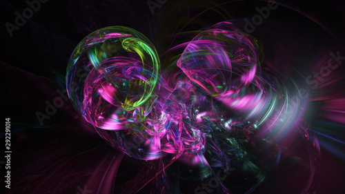 Abstract transparent pink and green crystal shapes. Fantasy light background. Digital fractal art. 3d rendering.