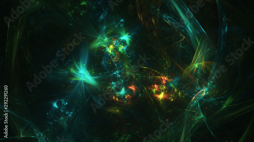 Abstract transparent green and golden crystal shapes. Fantasy light background. Digital fractal art. 3d rendering.