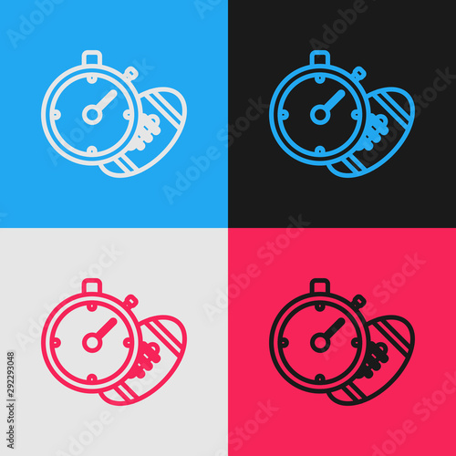 Color line American Football ball and stopwatch icon isolated on color background. Set of sport equipment. Vintage style drawing. Vector Illustration