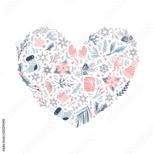 Christmas vector ornament pattern elements in form of heart. Isolated xmas illustration for greeting card, poster design with place for text