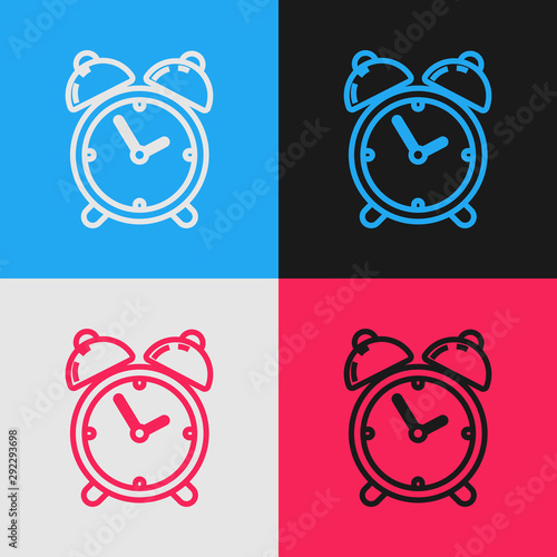 Color line Alarm clock icon isolated on color background. Wake up, get up concept. Time sign. Vintage style drawing. Vector Illustration