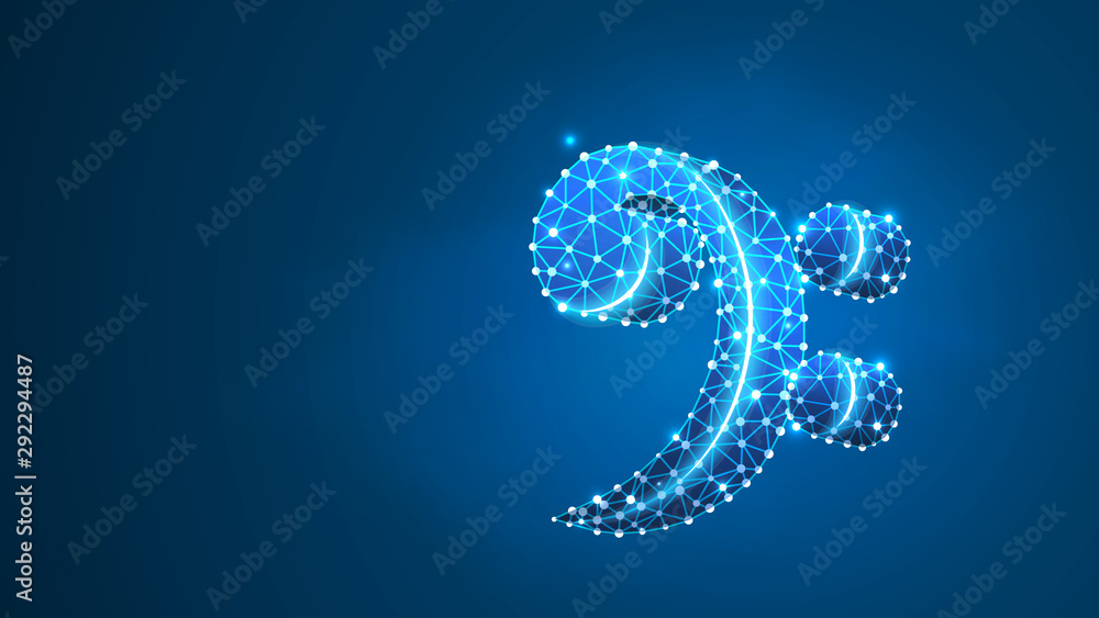 Bass clef sign. Music note, melody key, festival poster or banner concept. Abstract, digital, wireframe, low poly mesh, Raster blue neon 3d illustration. Triangle, line dot