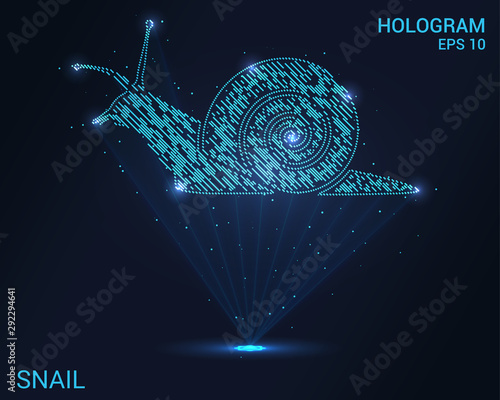 Hologram snail. Holographic projection of a snail. Flickering energy flux of particles.