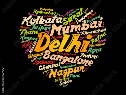 List of cities and towns in India composed in love sign heart shape, word cloud collage, business and travel concept background