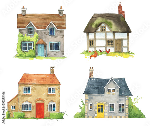 set of watercolor British cottages, English traditional architecture photo