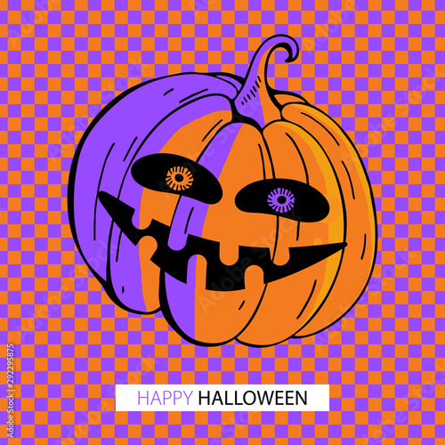 Wallpaper Mural Halloween greeting card disco and pop art. Bright colors purple and orange. Cute doodles for Halloween Party with fun and scary pumpkin. Hand drawn illustration for greeting card, poster, Torontodigital.ca