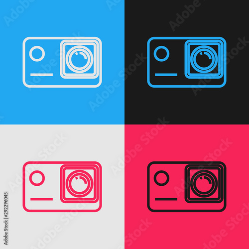 Color line Action extreme camera icon isolated on color background. Video camera equipment for filming extreme sports. Vintage style drawing. Vector Illustration