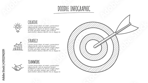 Doodle infographic with target and dart. Hand drawn icons. Thin line illustration.
