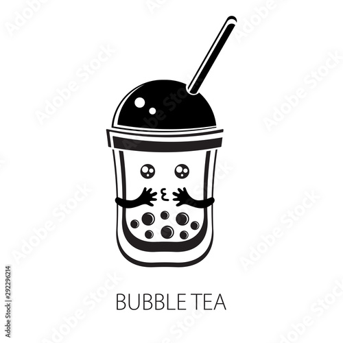 Cute kawaii character black Tapioca pearls. Bubble tea. Cartoon vector illustration of ball tapioca or boba. Boba tea, milk tea, Taiwanese drink. Hand drawn Doodle. Black and white.
