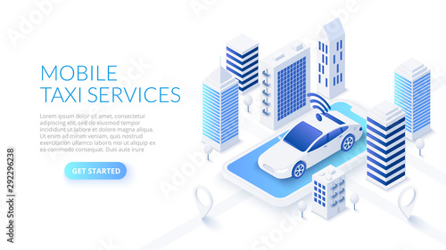 Mobile taxi service design concept with smartphone, car and city. Isometric vector illustration. Landing page template for web.