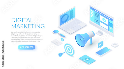 Digital marketing design concept with computer, hand speaker and smartphone. Isometric vector illustration. Landing page template for web.