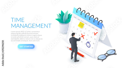 Planning schedule concept with characters. Isometric vector illustration on a dark blue backgound. Landing page template for web
