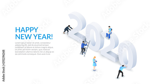 The Happy New Year 2020 isometric number design concept. Landing page with people.