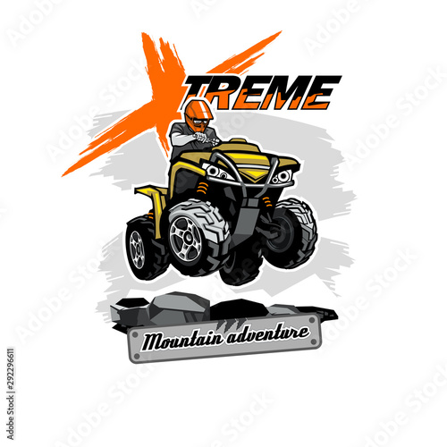 Quad bike ATV logo with Xtreme Mountain Adventure inscription, isolated background.