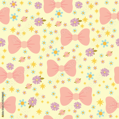 vector seamless pattern with pink manti and flowers, pastel colors, romantic texture for children