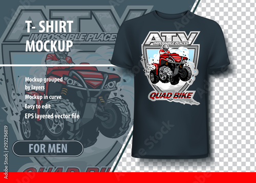 T-shirt mock-up template with ATV impossible places. Editable vector layout.
