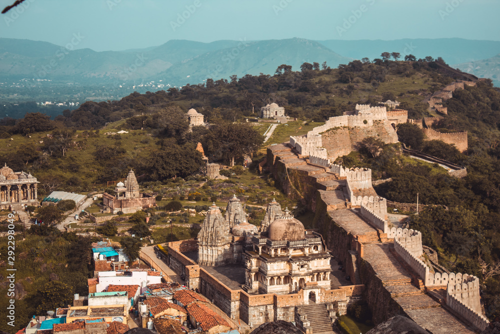 View of the buildings as seen from above the Kumbhalgarh fort in Udaipur, Rajasthan, India