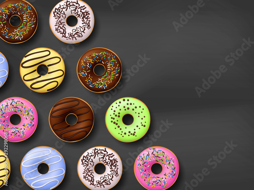 Colorful donuts with icing on black background. Top view with copy space, realistic style. Vector illustration.