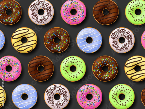 Wallpaper Mural Colorful donuts with icing on black background. Top view, realistic style. Vector illustration. Torontodigital.ca