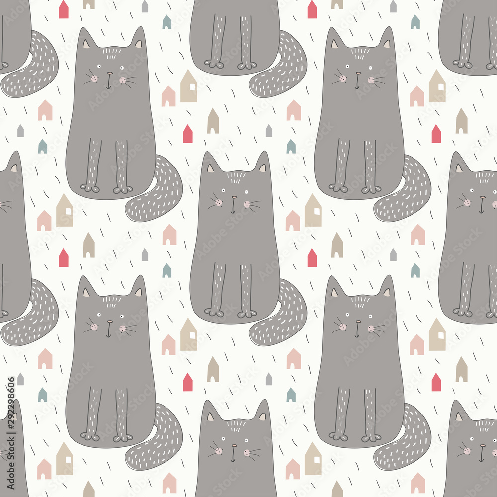 Doodle seamless pattern illustration for kid theme with funny cat. Endless  texture with stylized doodle kitten and house. Cartoon scandinavian cute  kitty for kids decor, wallpaper, wrap, fabric. Stock Vector | Adobe