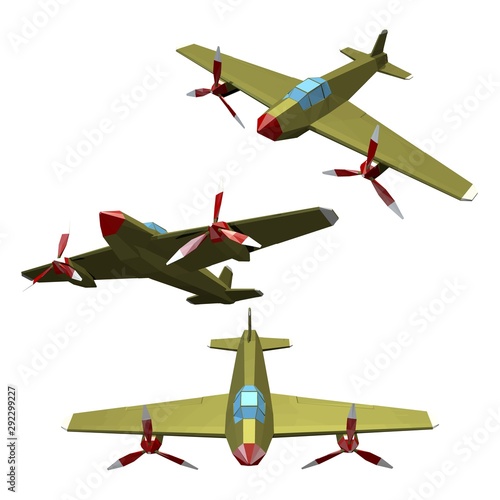 Combat aircraft with a propeller on a white background. Set of polygonal aircraft, monoplane, military equipment. Vector illustration