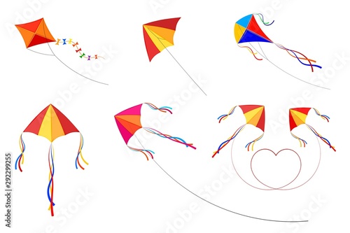 Set of kites on a white background. Children's toys, summer fun, outdoor games. Vector illustration