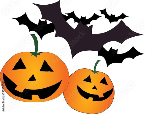 Funny pumpkins and bats. A child's picture. Halloween. © A. Malyshev