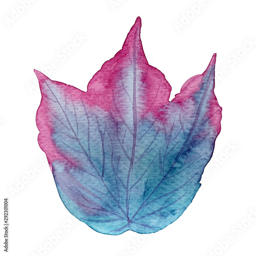 Watercolor leaf in neon turquoise and purple magenta colors