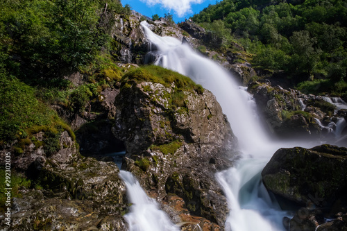 Kleivafossen Waterfall in the Jostedalsbreen National Park, Sogn og Fjordane, Norway. Long exposure shot. July 2019