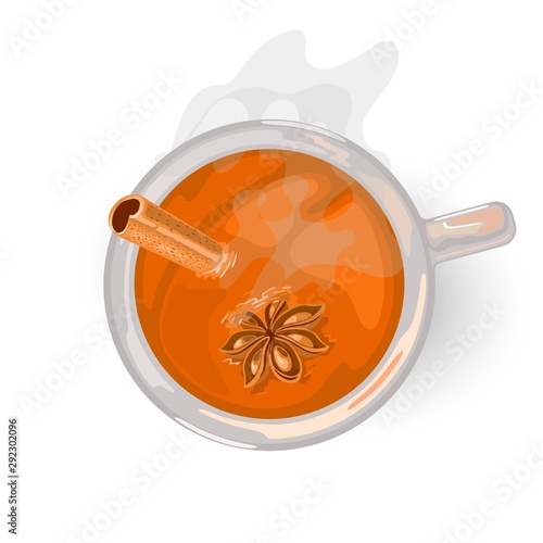 Hot golden drink with clove for breakfast or afternoon. Yellow, oolong tea. Flavoured masala chai with a mixture of aromatic spices and herbs. Vector cartoon illustration isolated on white. Top view.