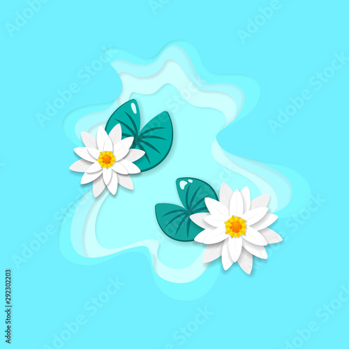 Paper carve cut art of top view lake with white water lily