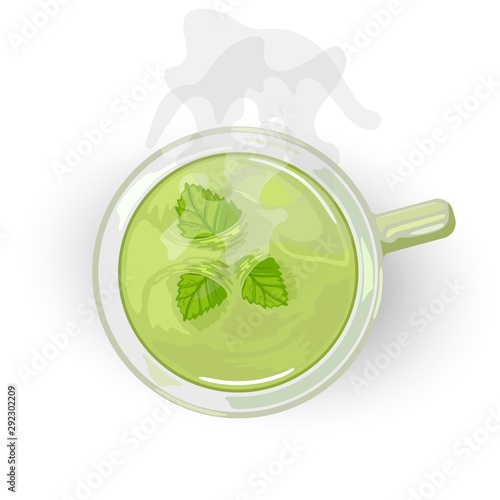 Herbal curative healthy tea with mint in ceramic cup. Hot green beverage giving relaxation, recreation, calming. Vector cartoon icon isolated on white for teahouses, tearooms, packing, menu. Top view.