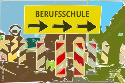 Berufsschule - Konzept Wegweiser Gelbes Schild 14, Pfeile nach rechts photo