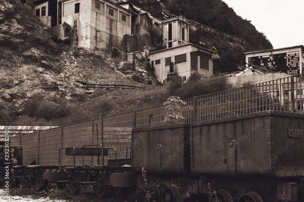 UDINE (ITALIA) - AUGUST 13, 2019: Cave del Predil. Ancient lead and zinc mine near Tarvisio, Udine, Friuli Venezia Giulia, Italy UDINE (ITALIA) - AUGUST 13, 2019: Cave del Predil. Ancient lead and zinc mine near Tarvisio, Udine, Friuli Venezia Giulia, Italy